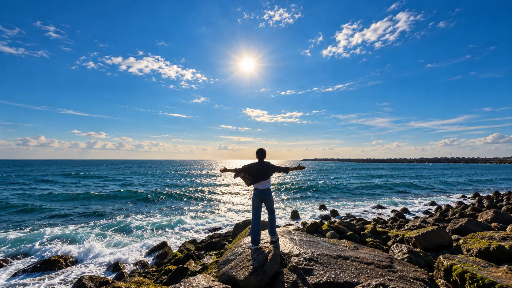 Aren Wilder facing the ocean with arms spread