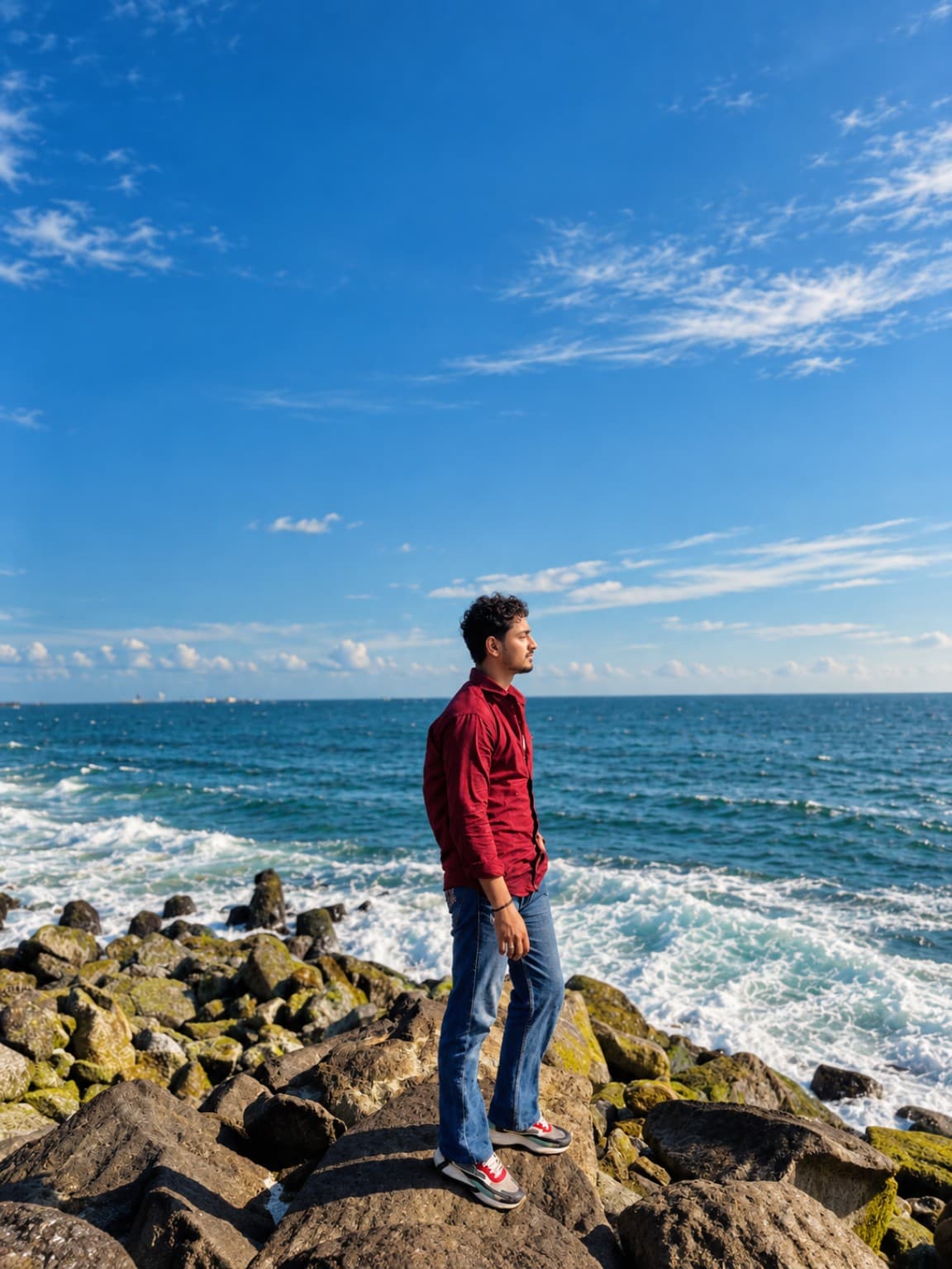 Aren Wilder standing on ocean rocks